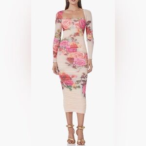 AFRM Floral Ruched Long-Sleeve Midi Dress in Pink and Cream